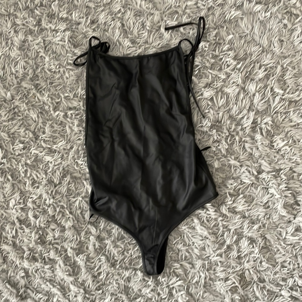 Faux leather adjustable tie body suit